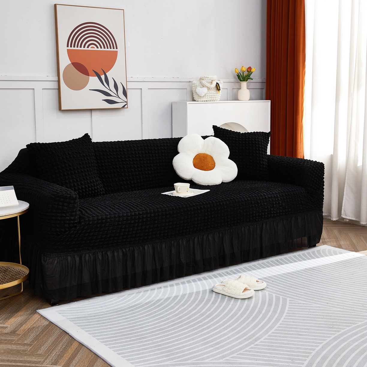 91家纺网 家纺一手货源 找家纺 布兰鸟【沙发套】 2025新款泡泡沙发套四人位【英文裙摆款】 单色黑