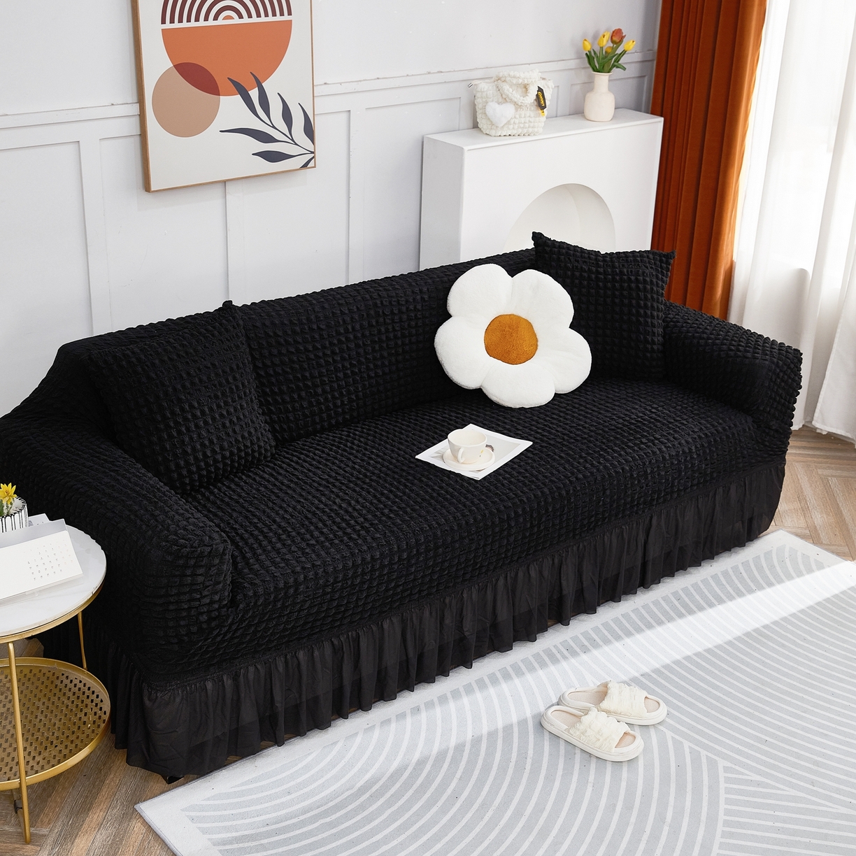91家纺网 家纺一手货源 找家纺 布兰鸟【沙发套】 2025新款泡泡沙发套四人位【英文裙摆款】 单色黑