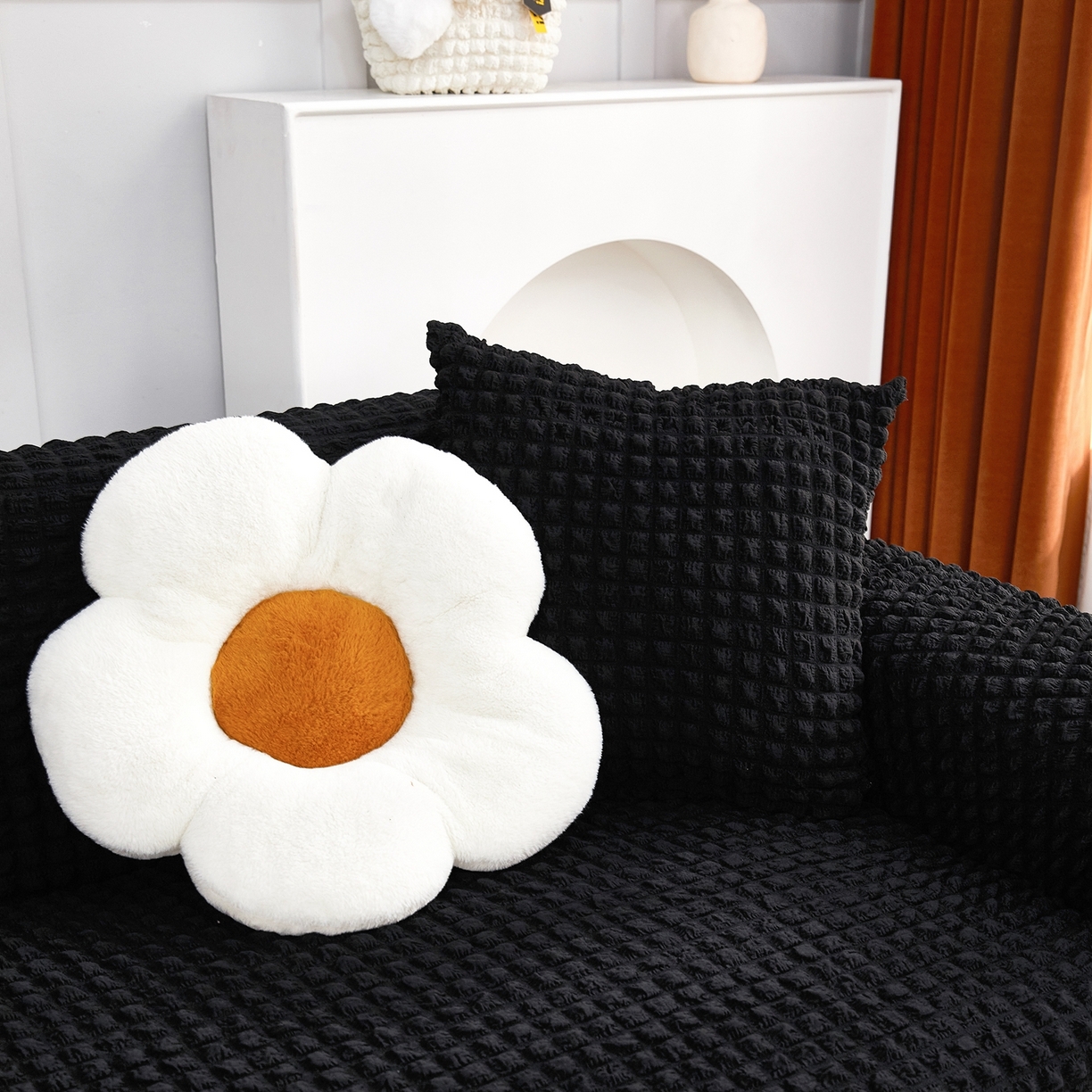 91家纺网 家纺一手货源 找家纺 布兰鸟【沙发套】 2025新款泡泡沙发套四人位【英文裙摆款】 单色黑