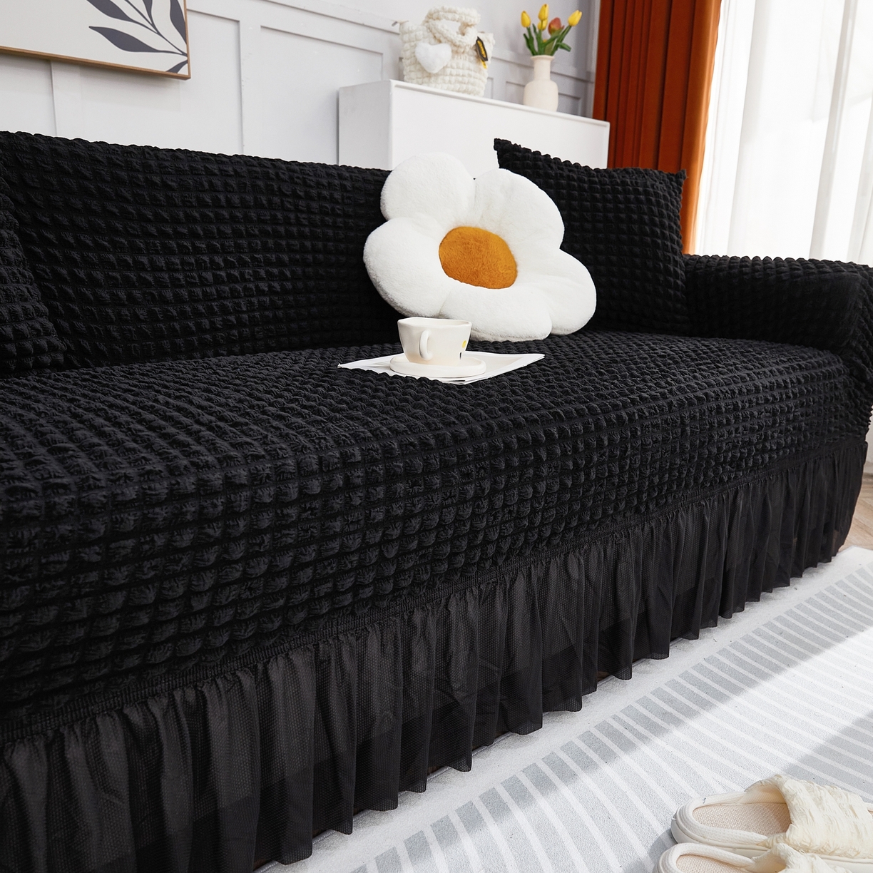 91家纺网 家纺一手货源 找家纺 布兰鸟【沙发套】 2025新款泡泡沙发套四人位【英文裙摆款】 单色黑