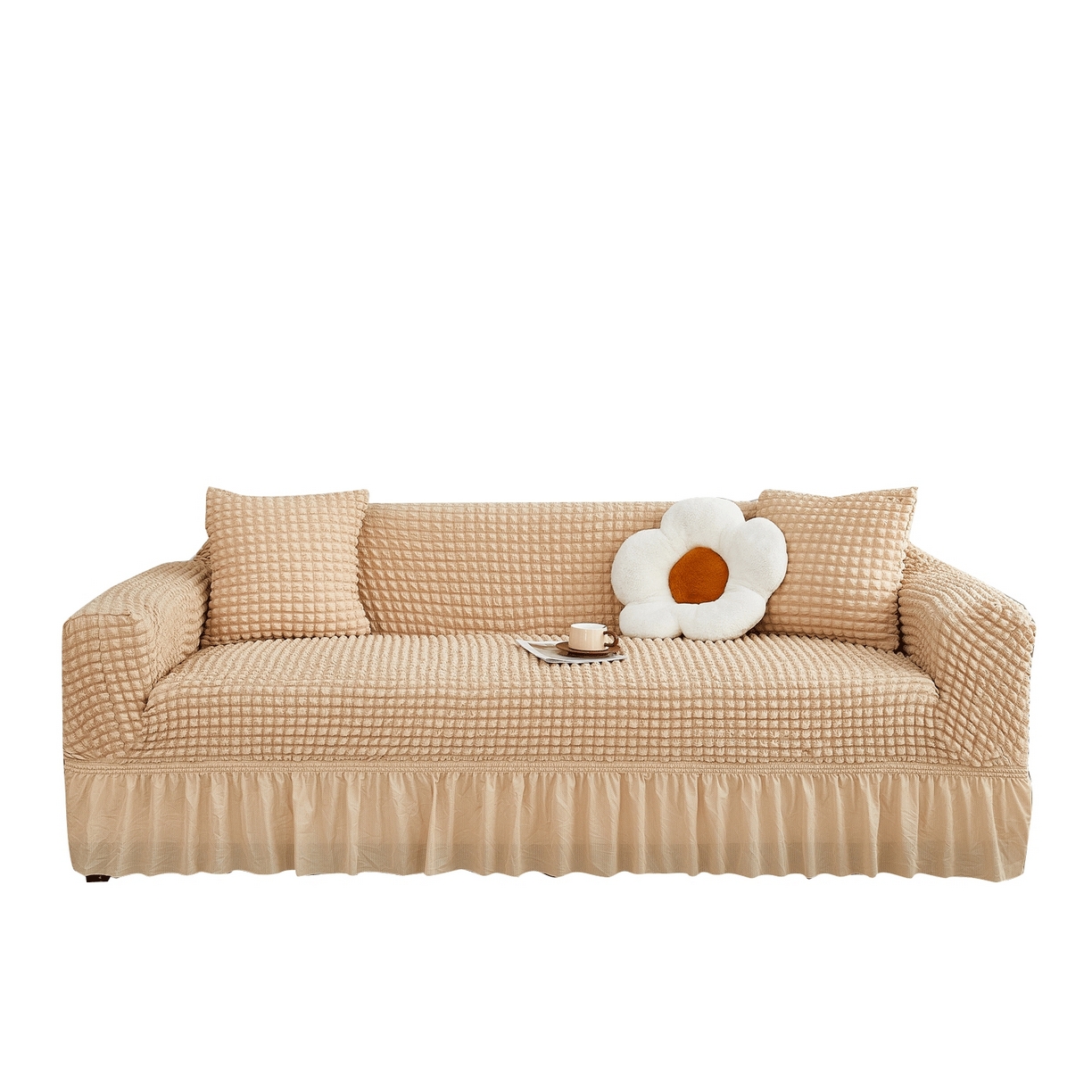 布兰鸟【沙发套】 2025新款泡泡沙发套四人位【英文裙摆款】 单色米黄