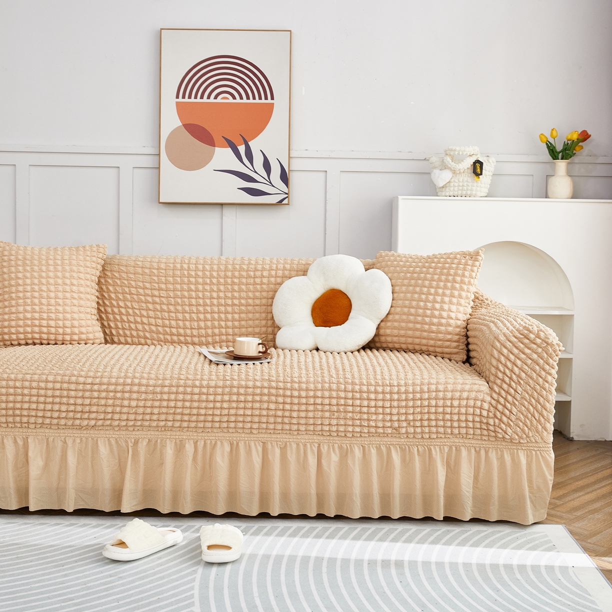 91家纺网 家纺一手货源 找家纺 布兰鸟【沙发套】 2025新款泡泡沙发套四人位【英文裙摆款】 单色米黄