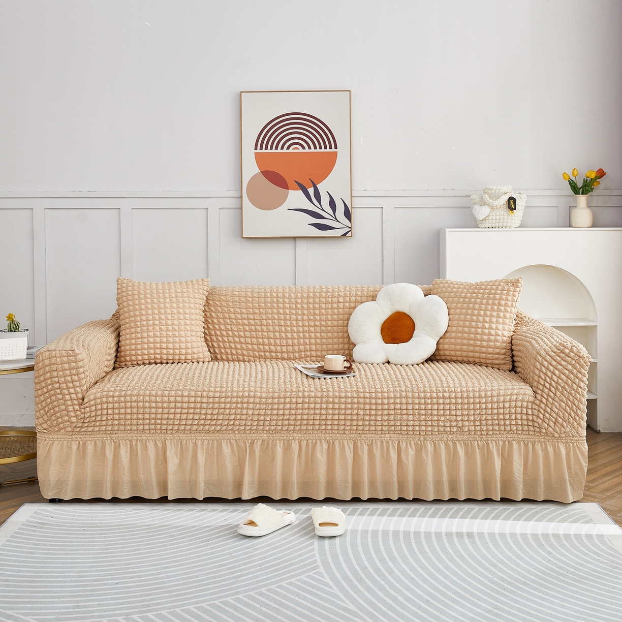 91家纺网 家纺一手货源 找家纺 布兰鸟【沙发套】 2025新款泡泡沙发套四人位【英文裙摆款】 单色米黄