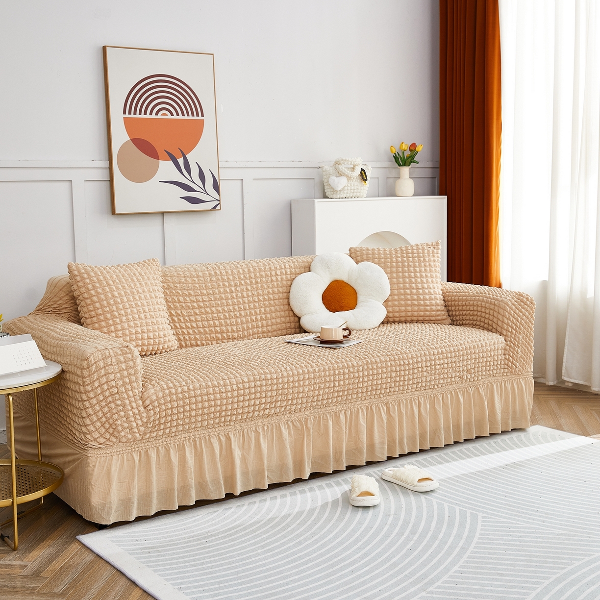 91家纺网 家纺一手货源 找家纺 布兰鸟【沙发套】 2025新款泡泡沙发套四人位【英文裙摆款】 单色米黄