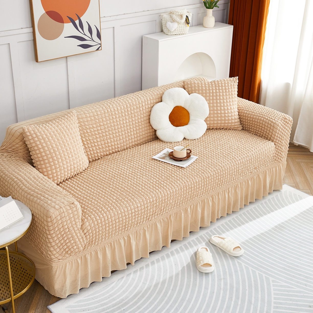 91家纺网 家纺一手货源 找家纺 布兰鸟【沙发套】 2025新款泡泡沙发套四人位【英文裙摆款】 单色米黄