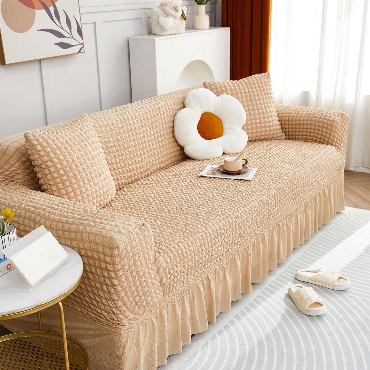 91家纺网 家纺一手货源 找家纺 布兰鸟【沙发套】 2025新款泡泡沙发套四人位【英文裙摆款】 单色米黄