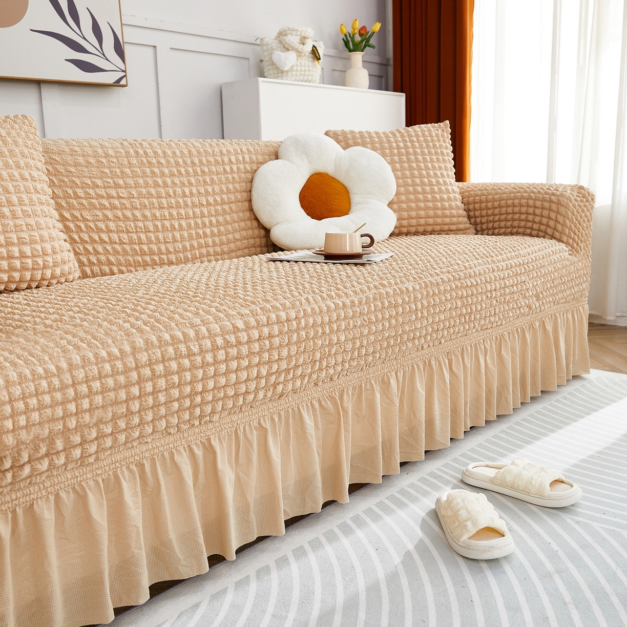 91家纺网 家纺一手货源 找家纺 布兰鸟【沙发套】 2025新款泡泡沙发套四人位【英文裙摆款】 单色米黄