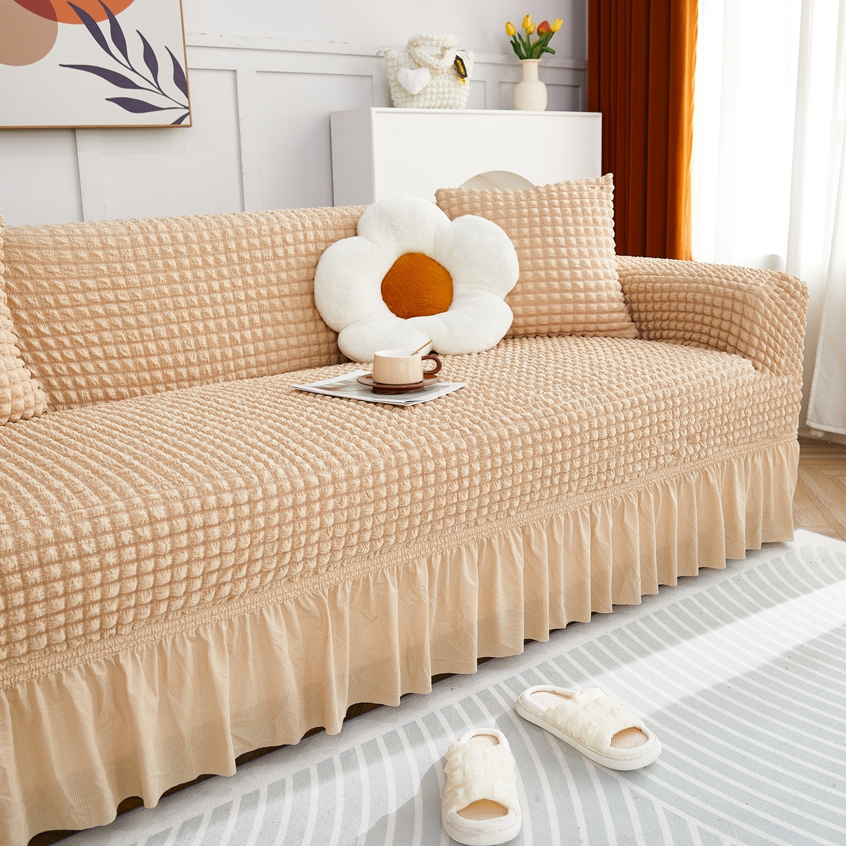 91家纺网 家纺一手货源 找家纺 布兰鸟【沙发套】 2025新款泡泡沙发套四人位【英文裙摆款】 单色米黄