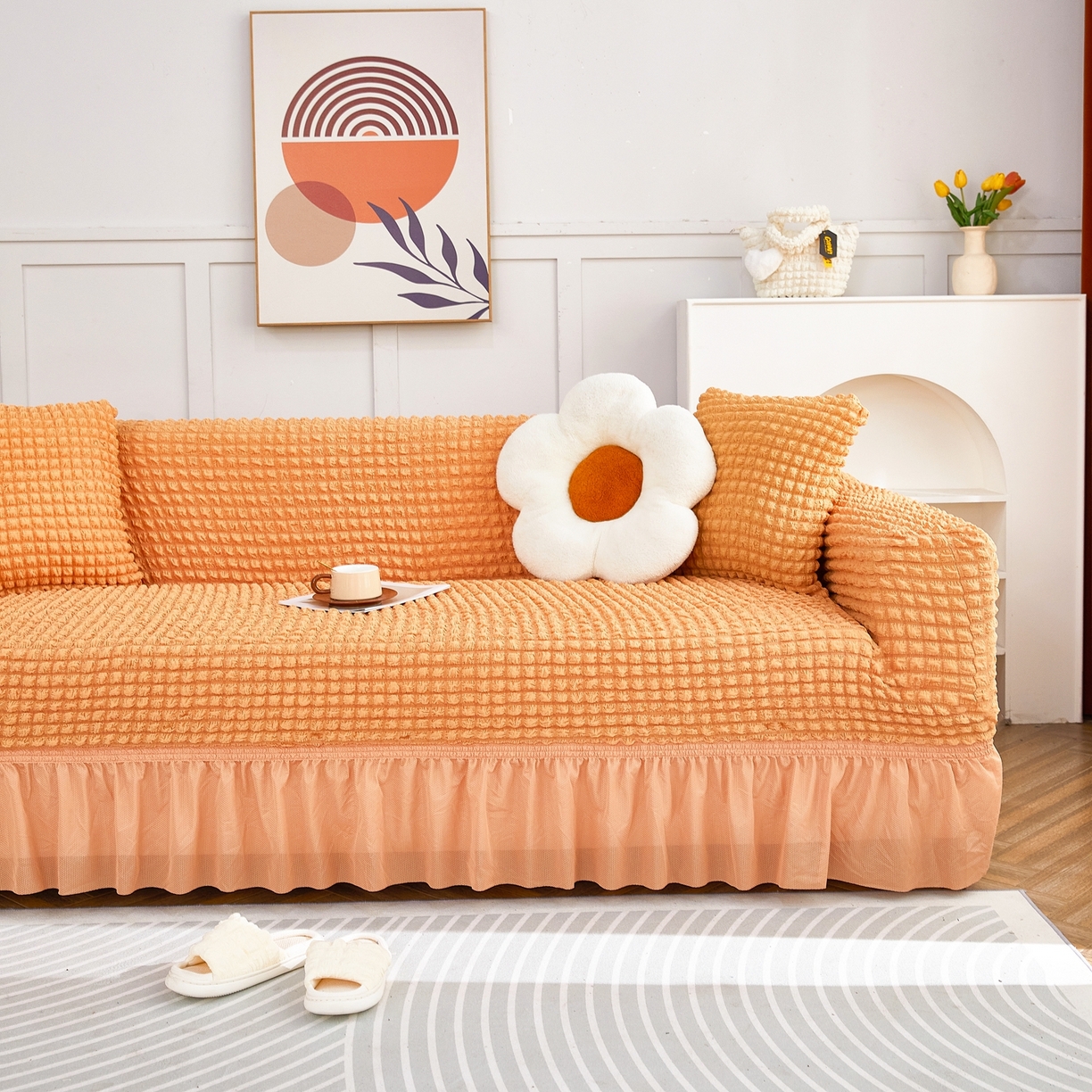 91家纺网 家纺一手货源 找家纺 布兰鸟【沙发套】 2025新款泡泡沙发套四人位【英文裙摆款】 单色肉橙