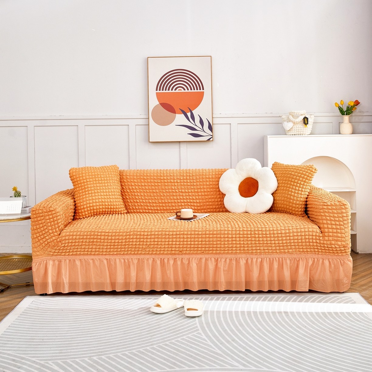 91家纺网 家纺一手货源 找家纺 布兰鸟【沙发套】 2025新款泡泡沙发套四人位【英文裙摆款】 单色肉橙