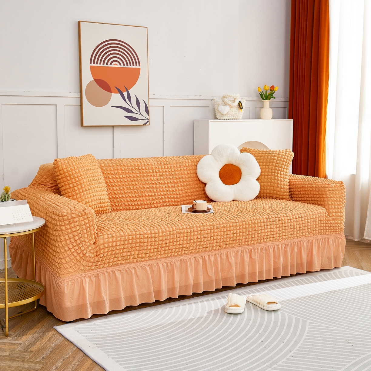 91家纺网 家纺一手货源 找家纺 布兰鸟【沙发套】 2025新款泡泡沙发套四人位【英文裙摆款】 单色肉橙