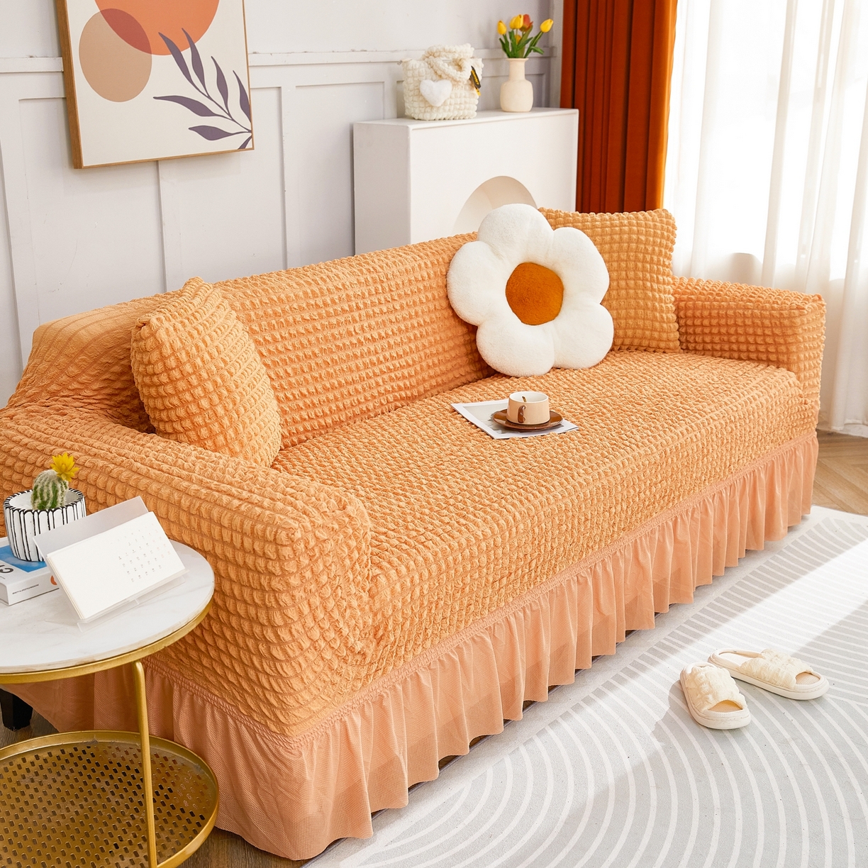 91家纺网 家纺一手货源 找家纺 布兰鸟【沙发套】 2025新款泡泡沙发套四人位【英文裙摆款】 单色肉橙