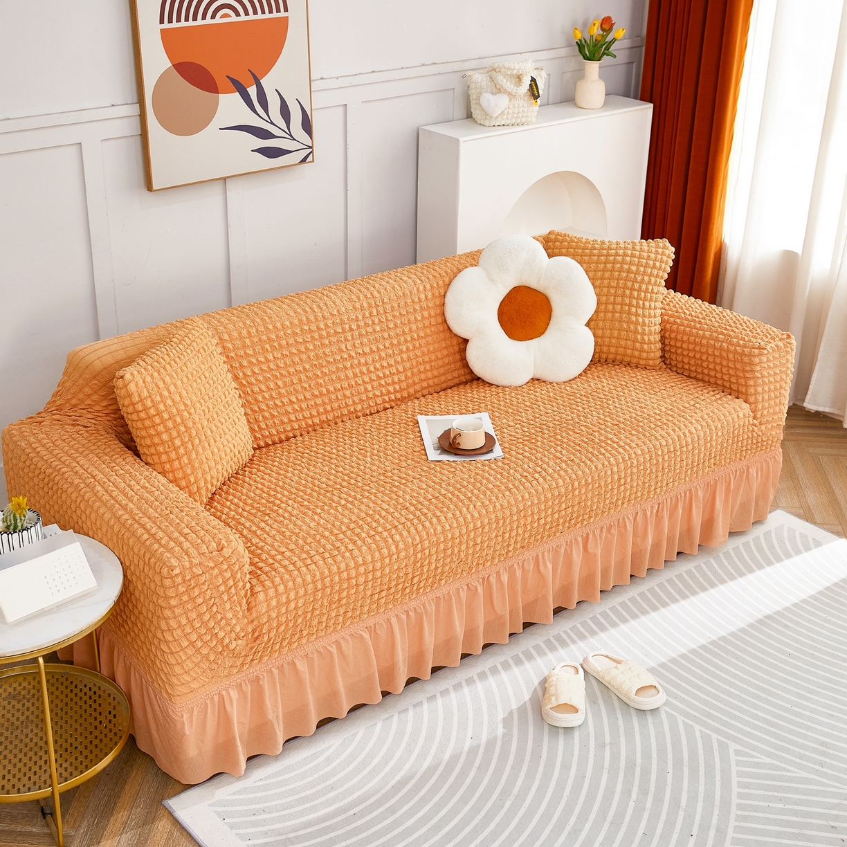 91家纺网 家纺一手货源 找家纺 布兰鸟【沙发套】 2025新款泡泡沙发套四人位【英文裙摆款】 单色肉橙
