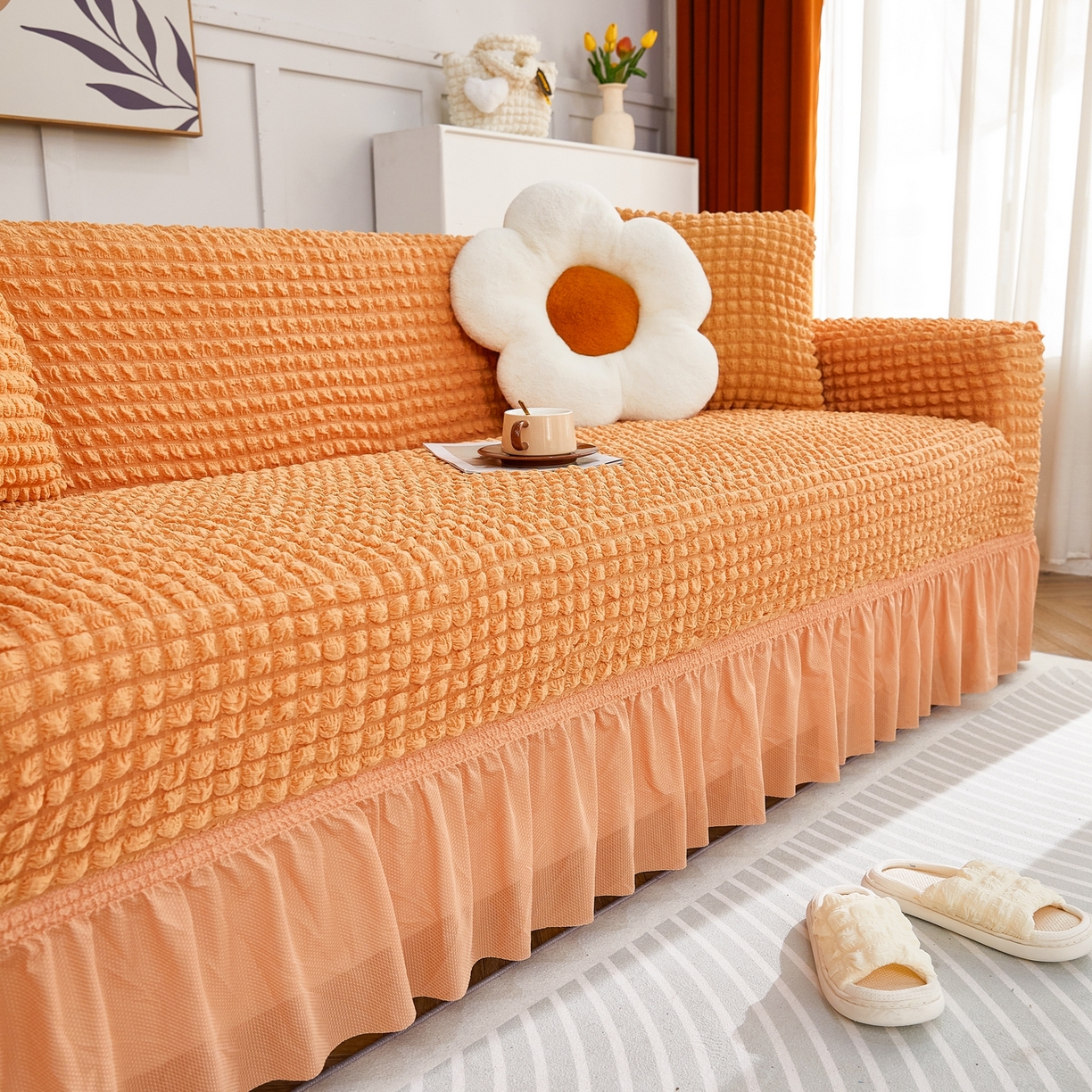 91家纺网 家纺一手货源 找家纺 布兰鸟【沙发套】 2025新款泡泡沙发套四人位【英文裙摆款】 单色肉橙