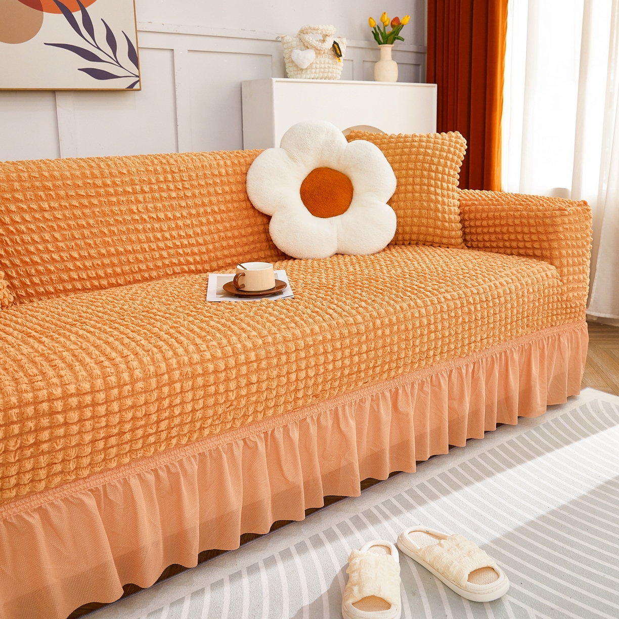 91家纺网 家纺一手货源 找家纺 布兰鸟【沙发套】 2025新款泡泡沙发套四人位【英文裙摆款】 单色肉橙