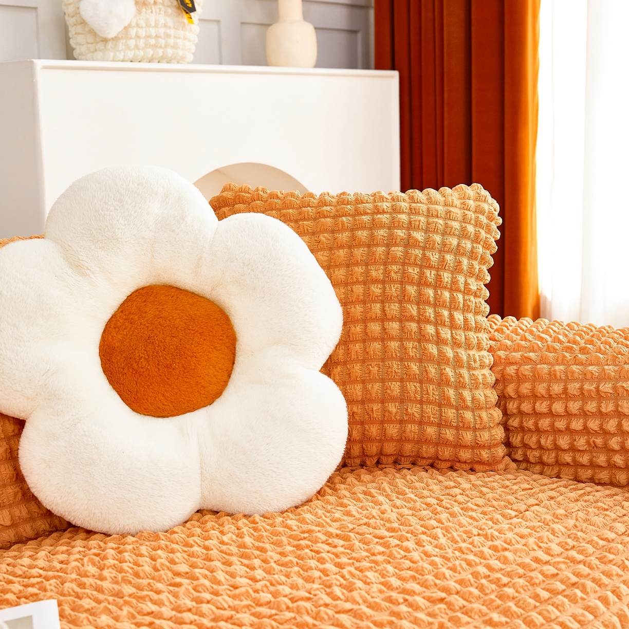 91家纺网 家纺一手货源 找家纺 布兰鸟【沙发套】 2025新款泡泡沙发套四人位【英文裙摆款】 单色肉橙