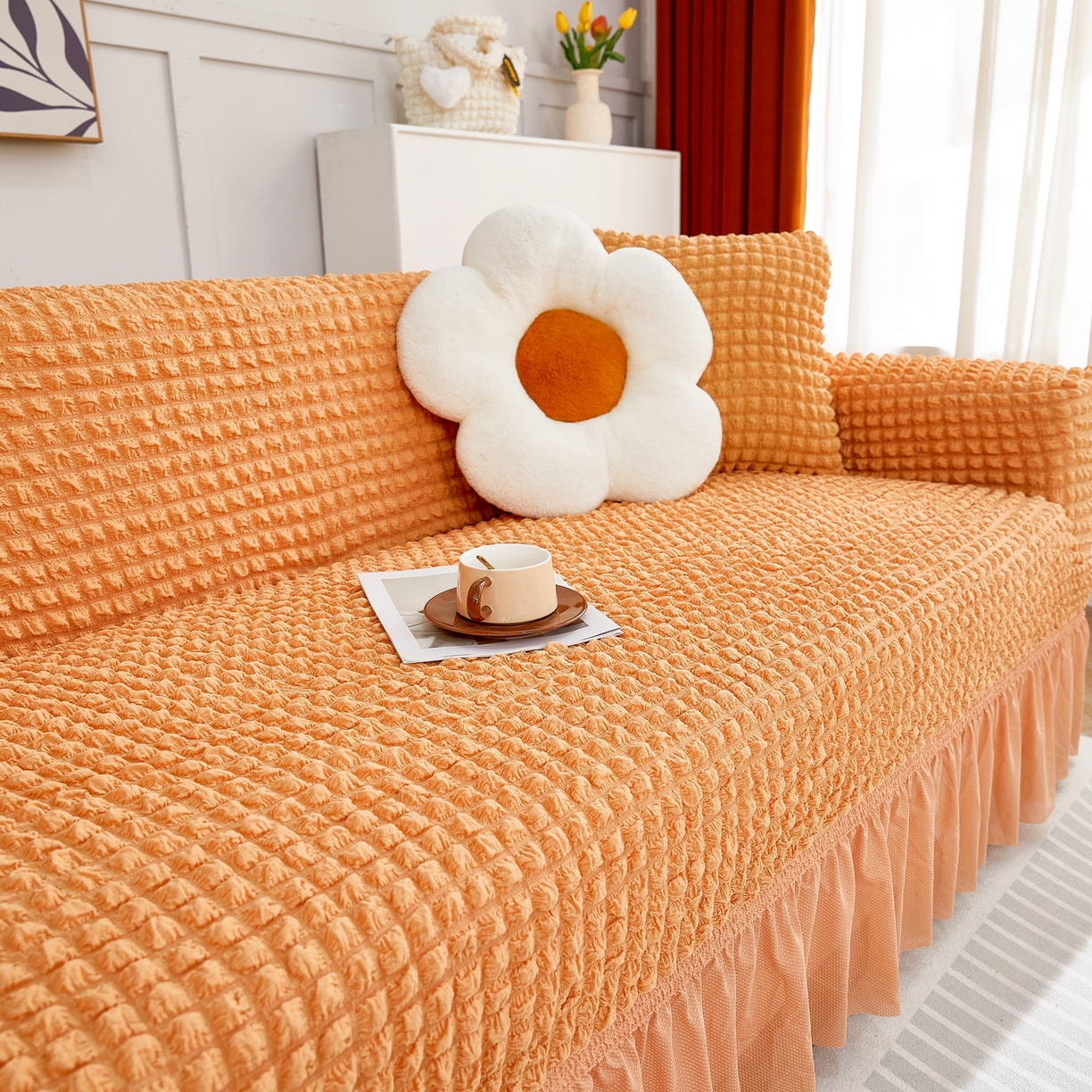 91家纺网 家纺一手货源 找家纺 布兰鸟【沙发套】 2025新款泡泡沙发套四人位【英文裙摆款】 单色肉橙