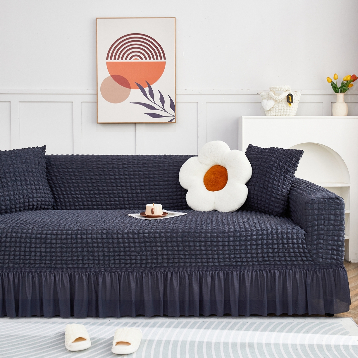 91家纺网 家纺一手货源 找家纺 布兰鸟【沙发套】 2025新款泡泡沙发套四人位【英文裙摆款】 单色深灰