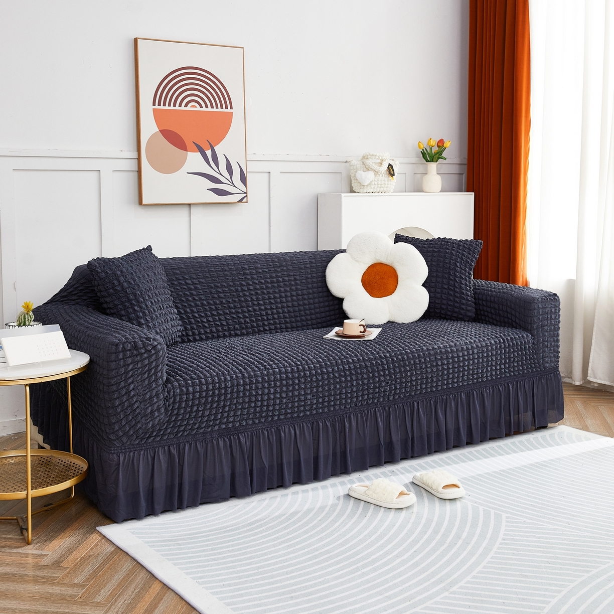 91家纺网 家纺一手货源 找家纺 布兰鸟【沙发套】 2025新款泡泡沙发套四人位【英文裙摆款】 单色深灰