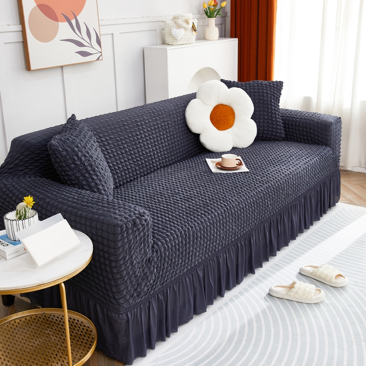 91家纺网 家纺一手货源 找家纺 布兰鸟【沙发套】 2025新款泡泡沙发套四人位【英文裙摆款】 单色深灰