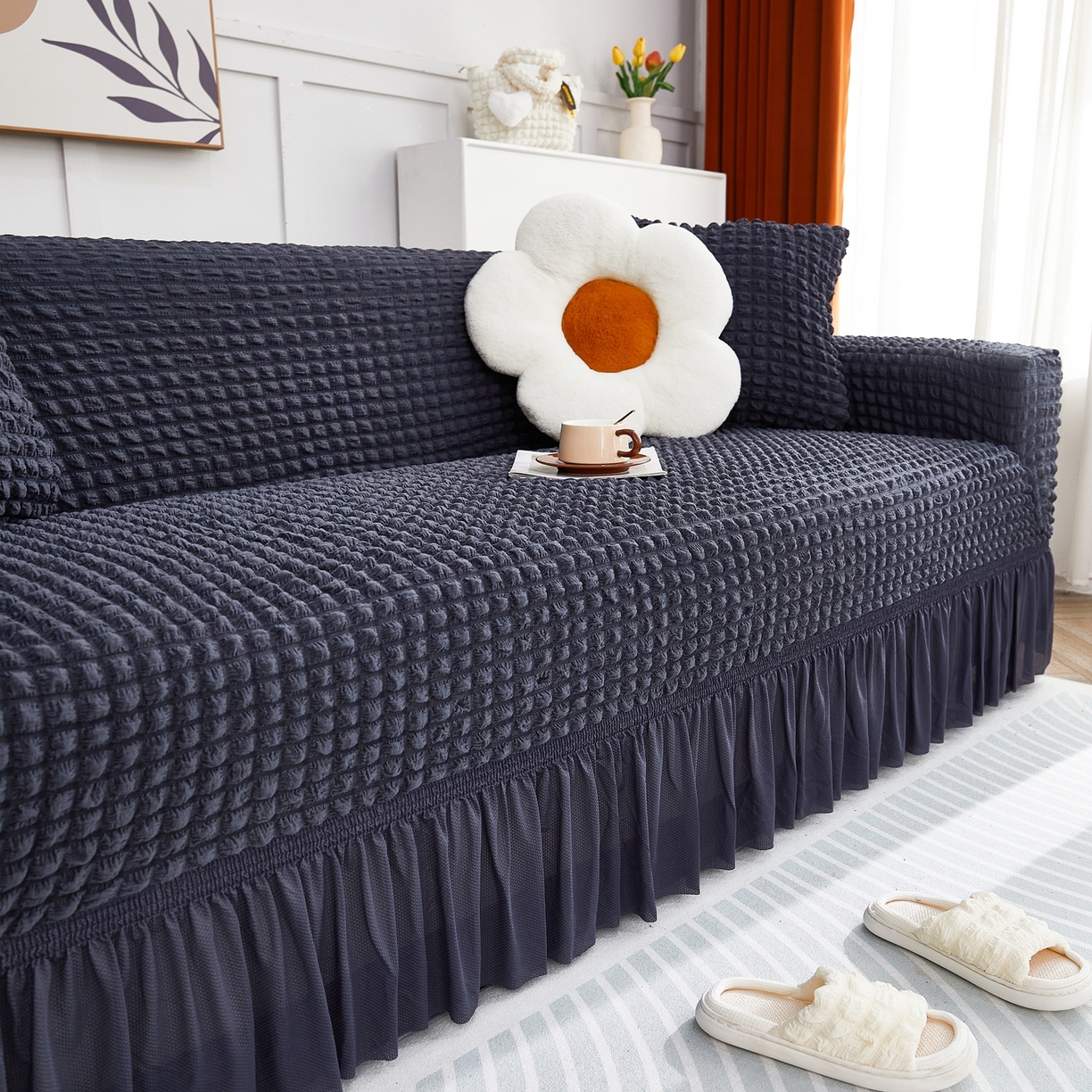 91家纺网 家纺一手货源 找家纺 布兰鸟【沙发套】 2025新款泡泡沙发套四人位【英文裙摆款】 单色深灰