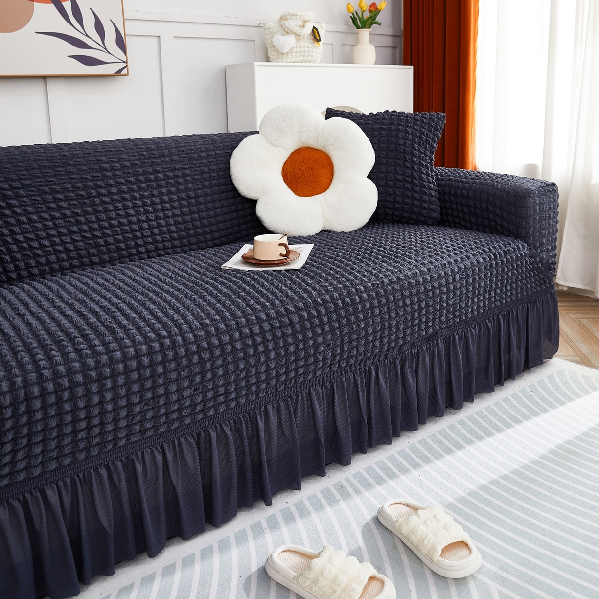 91家纺网 家纺一手货源 找家纺 布兰鸟【沙发套】 2025新款泡泡沙发套四人位【英文裙摆款】 单色深灰