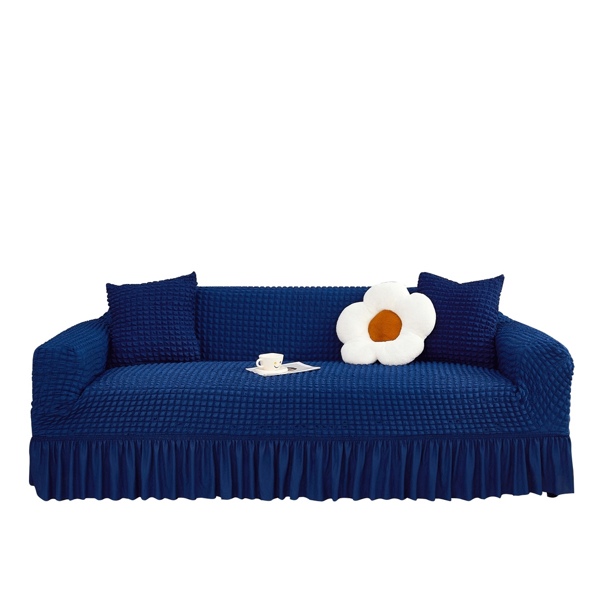 布兰鸟【沙发套】 2025新款泡泡沙发套四人位【英文裙摆款】 单色希腊蓝