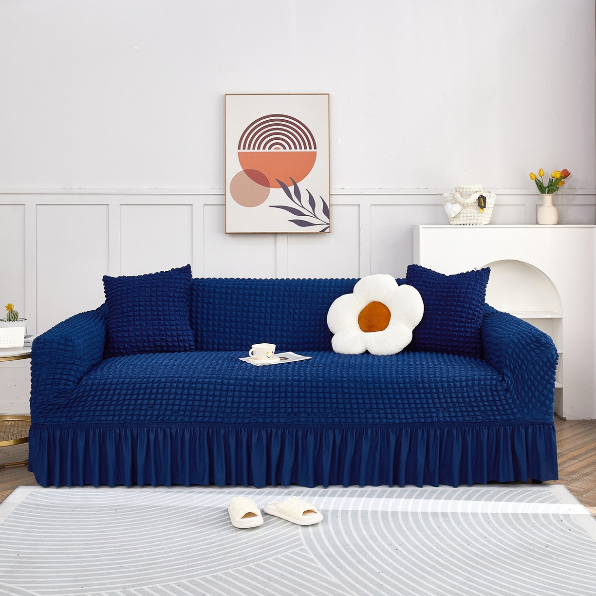 91家纺网 家纺一手货源 找家纺 布兰鸟【沙发套】 2025新款泡泡沙发套四人位【英文裙摆款】 单色希腊蓝