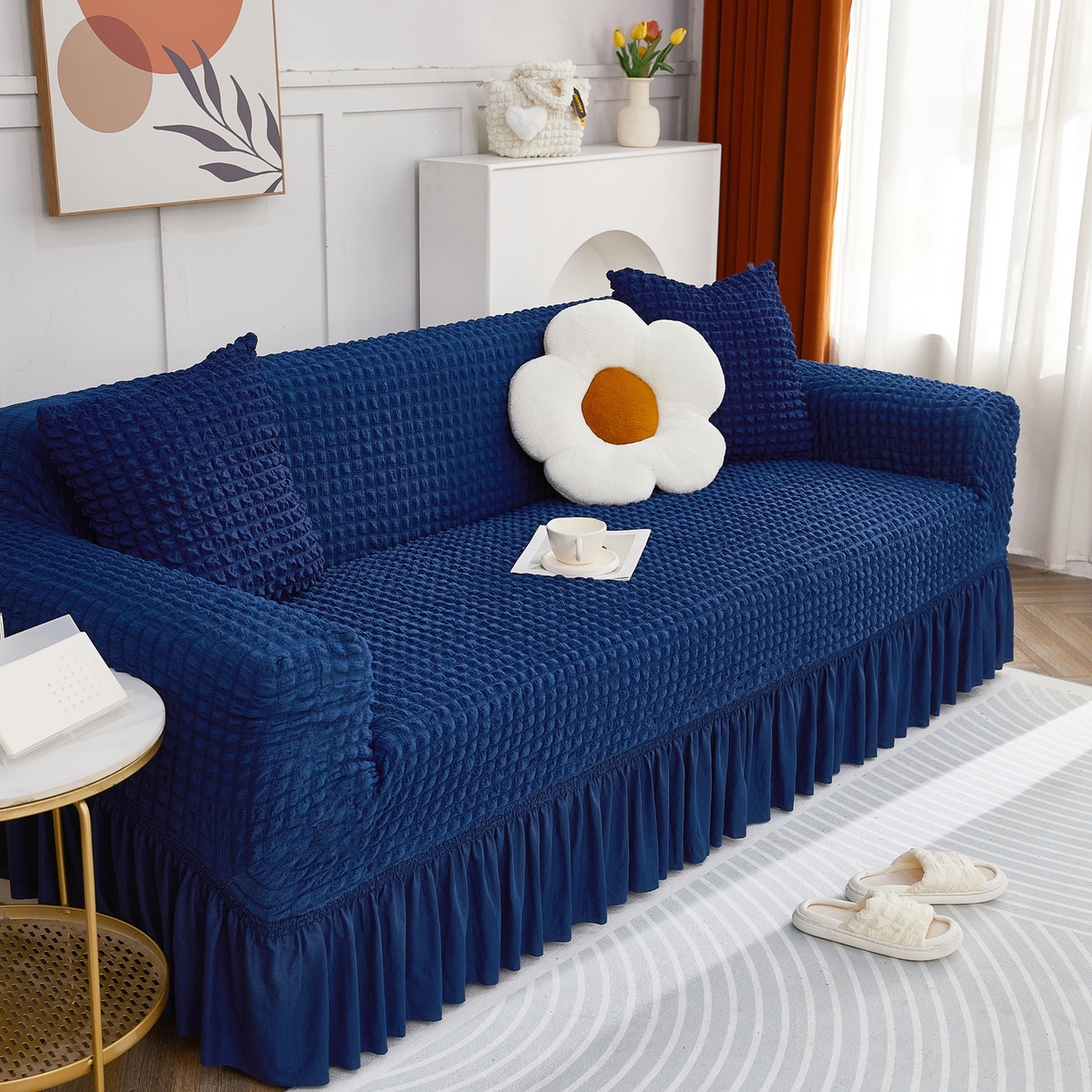 91家纺网 家纺一手货源 找家纺 布兰鸟【沙发套】 2025新款泡泡沙发套四人位【英文裙摆款】 单色希腊蓝