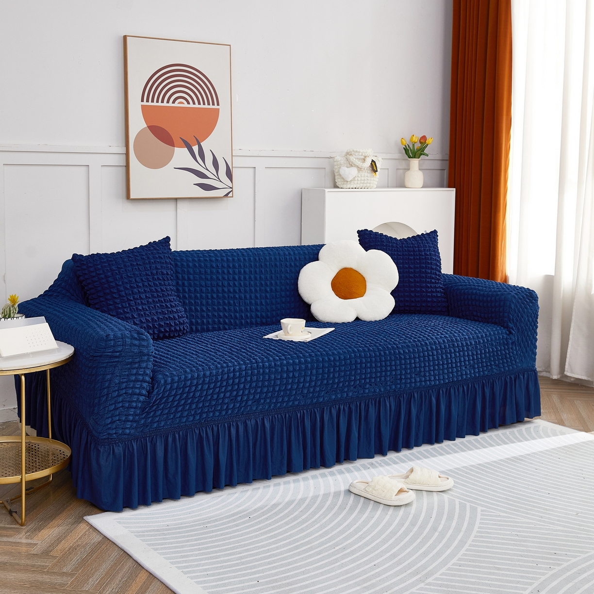 91家纺网 家纺一手货源 找家纺 布兰鸟【沙发套】 2025新款泡泡沙发套四人位【英文裙摆款】 单色希腊蓝