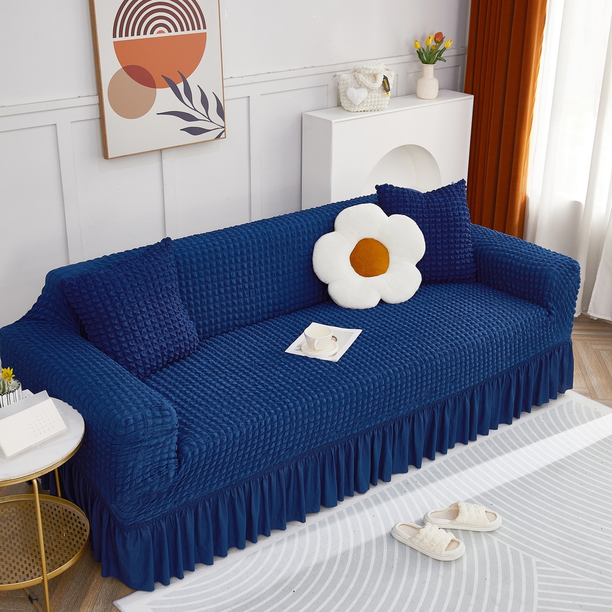 91家纺网 家纺一手货源 找家纺 布兰鸟【沙发套】 2025新款泡泡沙发套四人位【英文裙摆款】 单色希腊蓝