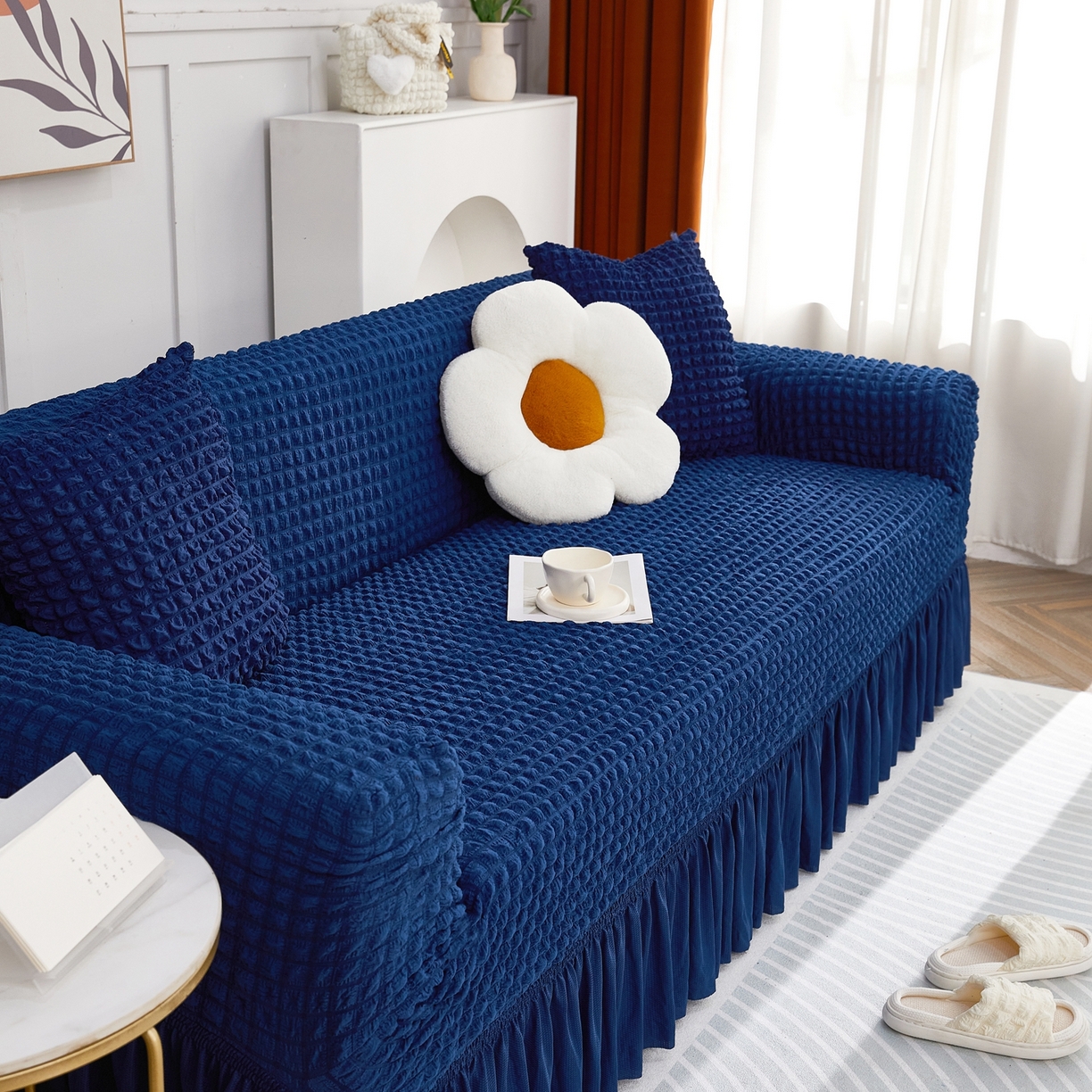 91家纺网 家纺一手货源 找家纺 布兰鸟【沙发套】 2025新款泡泡沙发套四人位【英文裙摆款】 单色希腊蓝