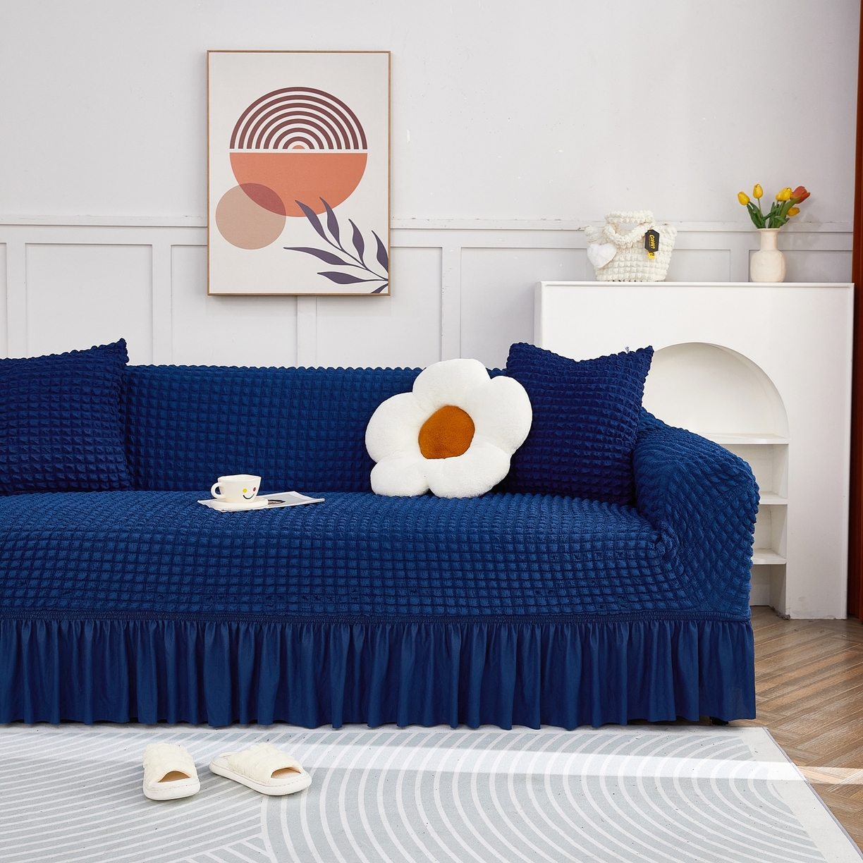 91家纺网 家纺一手货源 找家纺 布兰鸟【沙发套】 2025新款泡泡沙发套四人位【英文裙摆款】 单色希腊蓝