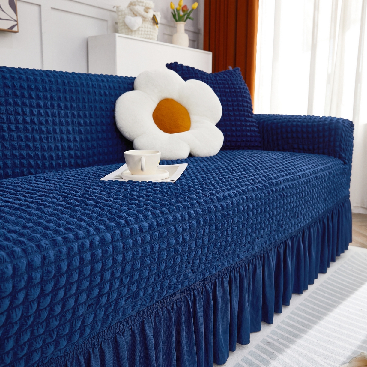 91家纺网 家纺一手货源 找家纺 布兰鸟【沙发套】 2025新款泡泡沙发套四人位【英文裙摆款】 单色希腊蓝