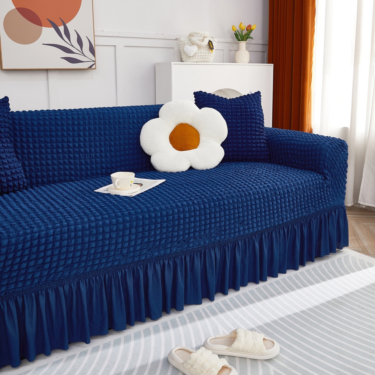 91家纺网 家纺一手货源 找家纺 布兰鸟【沙发套】 2025新款泡泡沙发套四人位【英文裙摆款】 单色希腊蓝