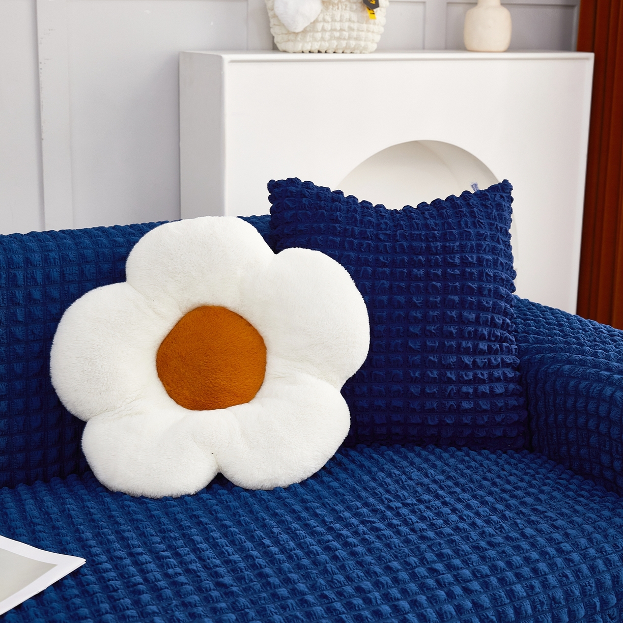 91家纺网 家纺一手货源 找家纺 布兰鸟【沙发套】 2025新款泡泡沙发套四人位【英文裙摆款】 单色希腊蓝