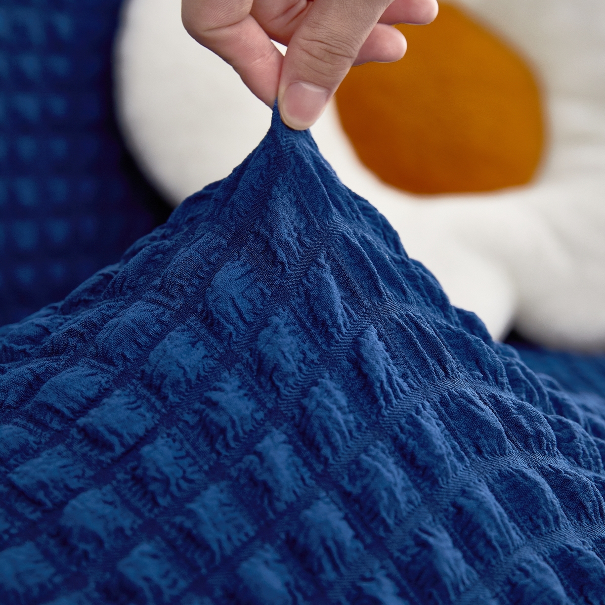 91家纺网 家纺一手货源 找家纺 布兰鸟【沙发套】 2025新款泡泡沙发套四人位【英文裙摆款】 单色希腊蓝