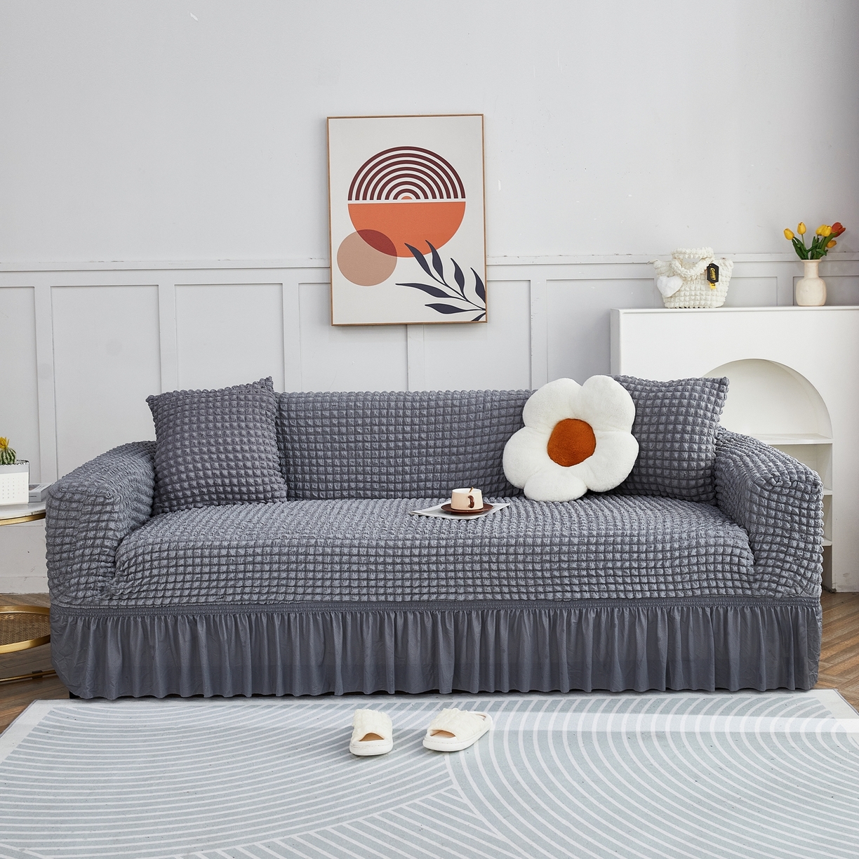 91家纺网 家纺一手货源 找家纺 布兰鸟【沙发套】 2025新款泡泡沙发套四人位【英文裙摆款】 单色中灰