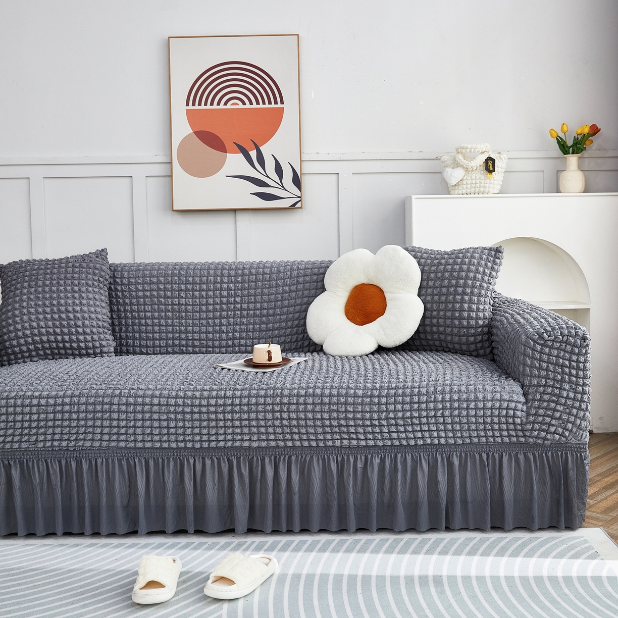 91家纺网 家纺一手货源 找家纺 布兰鸟【沙发套】 2025新款泡泡沙发套四人位【英文裙摆款】 单色中灰