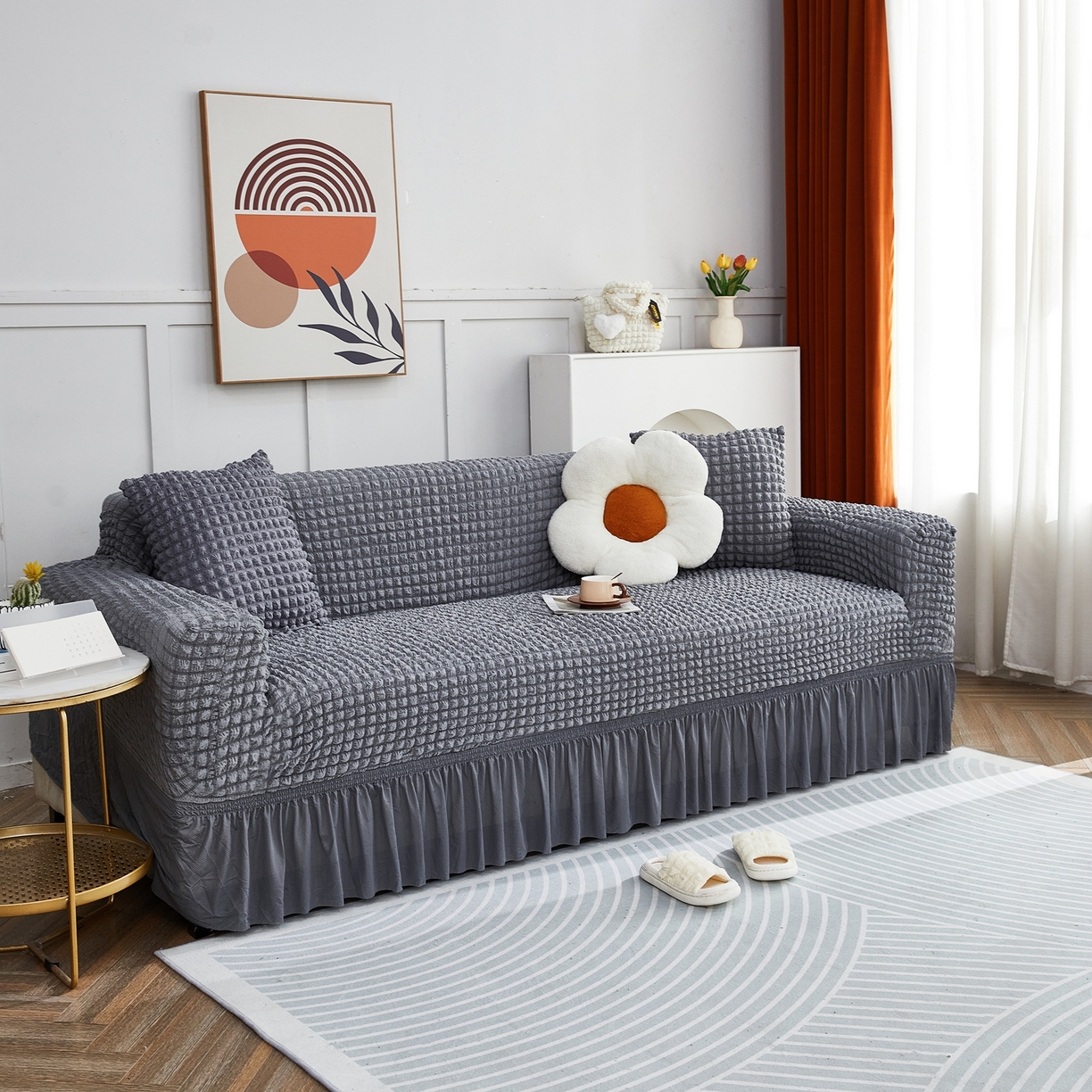 91家纺网 家纺一手货源 找家纺 布兰鸟【沙发套】 2025新款泡泡沙发套四人位【英文裙摆款】 单色中灰