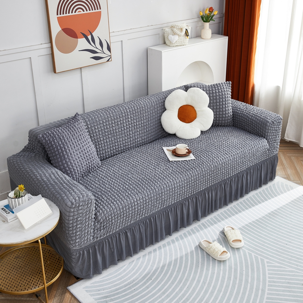 91家纺网 家纺一手货源 找家纺 布兰鸟【沙发套】 2025新款泡泡沙发套四人位【英文裙摆款】 单色中灰