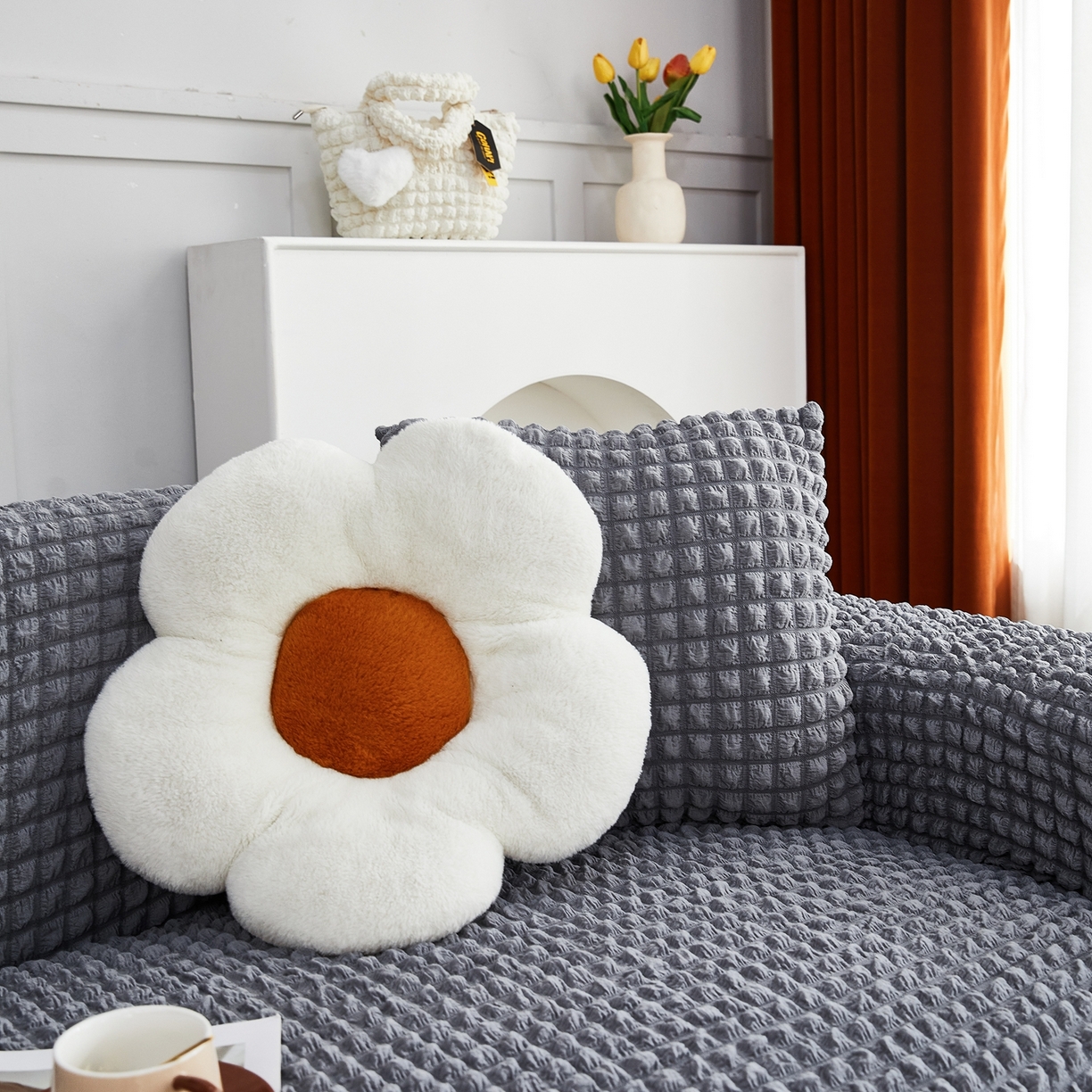 91家纺网 家纺一手货源 找家纺 布兰鸟【沙发套】 2025新款泡泡沙发套四人位【英文裙摆款】 单色中灰