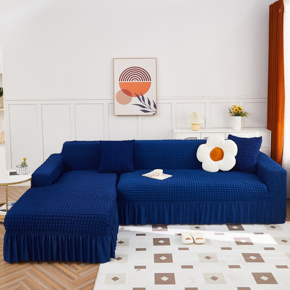 91家纺网 家纺一手货源 找家纺 布兰鸟【沙发套】 2025新款泡泡沙发套组合L型【英文裙摆款】 单色希腊蓝