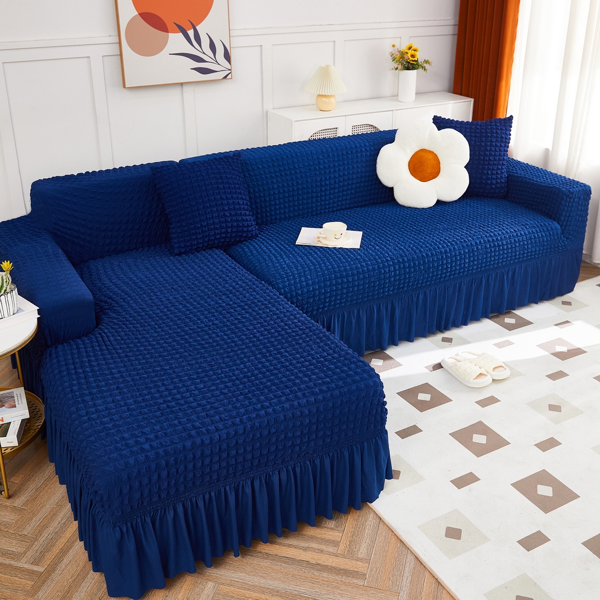 91家纺网 家纺一手货源 找家纺 布兰鸟【沙发套】 2025新款泡泡沙发套组合L型【英文裙摆款】 单色希腊蓝