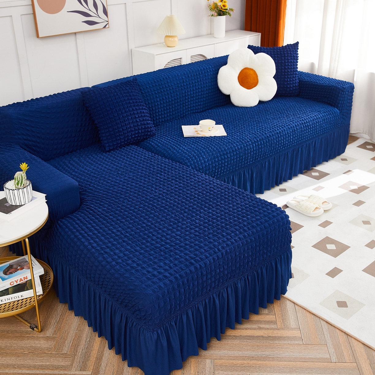 91家纺网 家纺一手货源 找家纺 布兰鸟【沙发套】 2025新款泡泡沙发套组合L型【英文裙摆款】 单色希腊蓝
