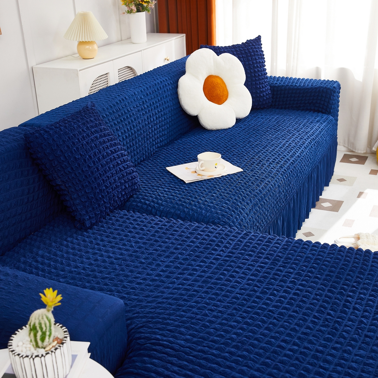 91家纺网 家纺一手货源 找家纺 布兰鸟【沙发套】 2025新款泡泡沙发套组合L型【英文裙摆款】 单色希腊蓝