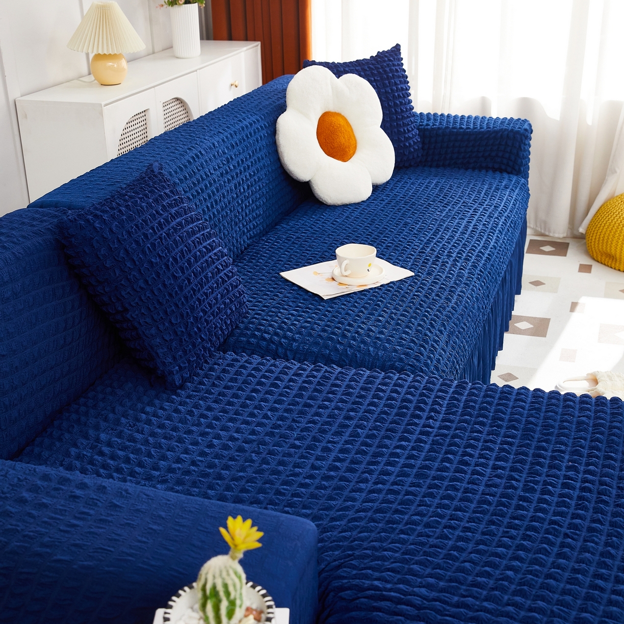 91家纺网 家纺一手货源 找家纺 布兰鸟【沙发套】 2025新款泡泡沙发套组合L型【英文裙摆款】 单色希腊蓝