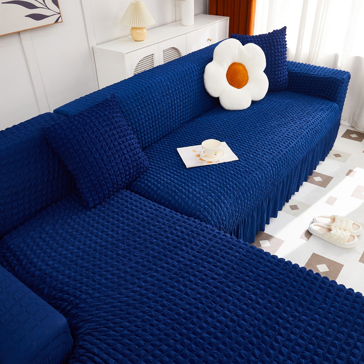 91家纺网 家纺一手货源 找家纺 布兰鸟【沙发套】 2025新款泡泡沙发套组合L型【英文裙摆款】 单色希腊蓝