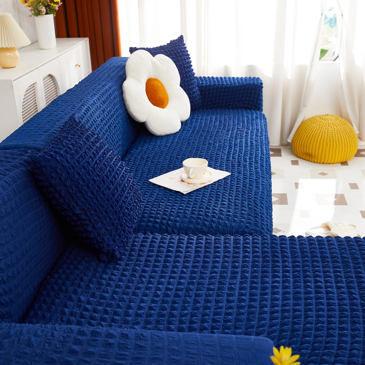 91家纺网 家纺一手货源 找家纺 布兰鸟【沙发套】 2025新款泡泡沙发套组合L型【英文裙摆款】 单色希腊蓝