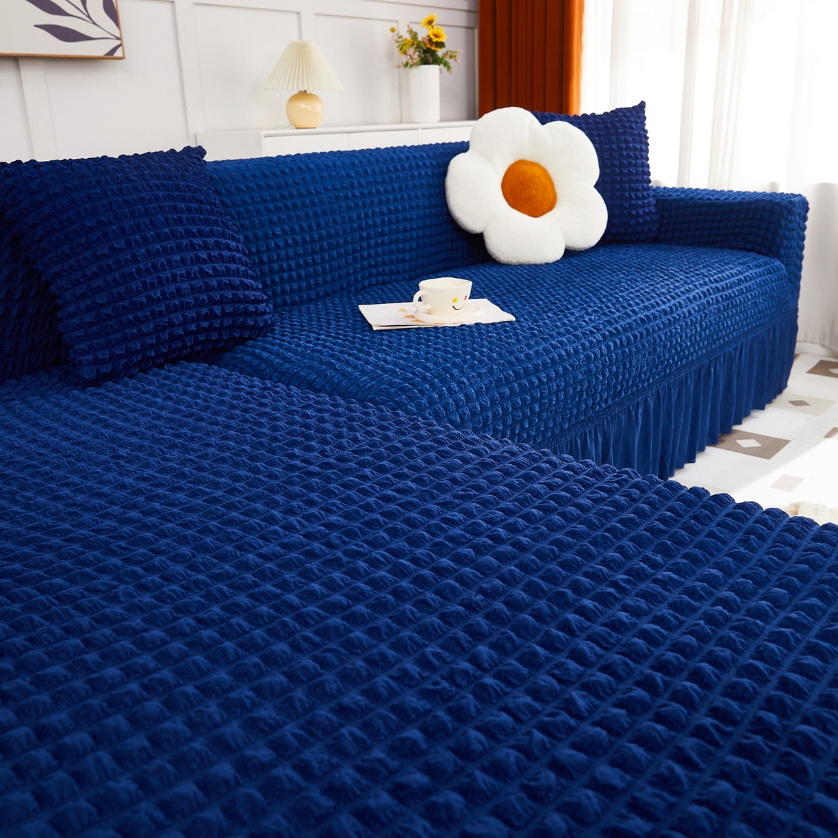 91家纺网 家纺一手货源 找家纺 布兰鸟【沙发套】 2025新款泡泡沙发套组合L型【英文裙摆款】 单色希腊蓝